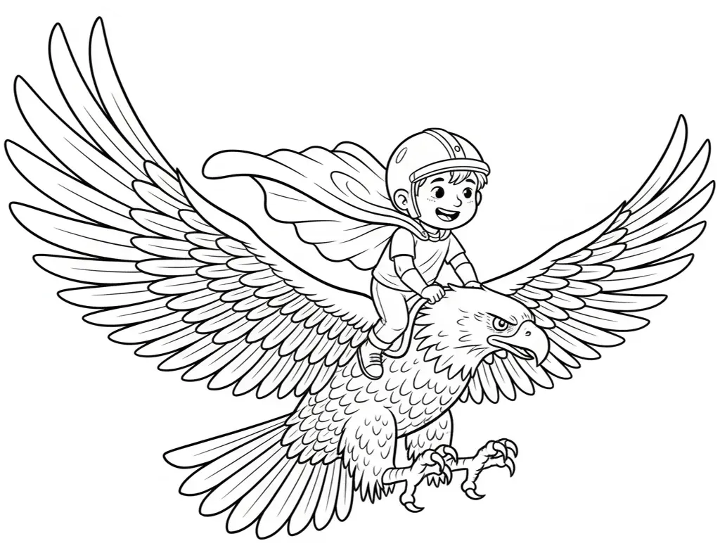 Desenho de menino voando em uma aguia